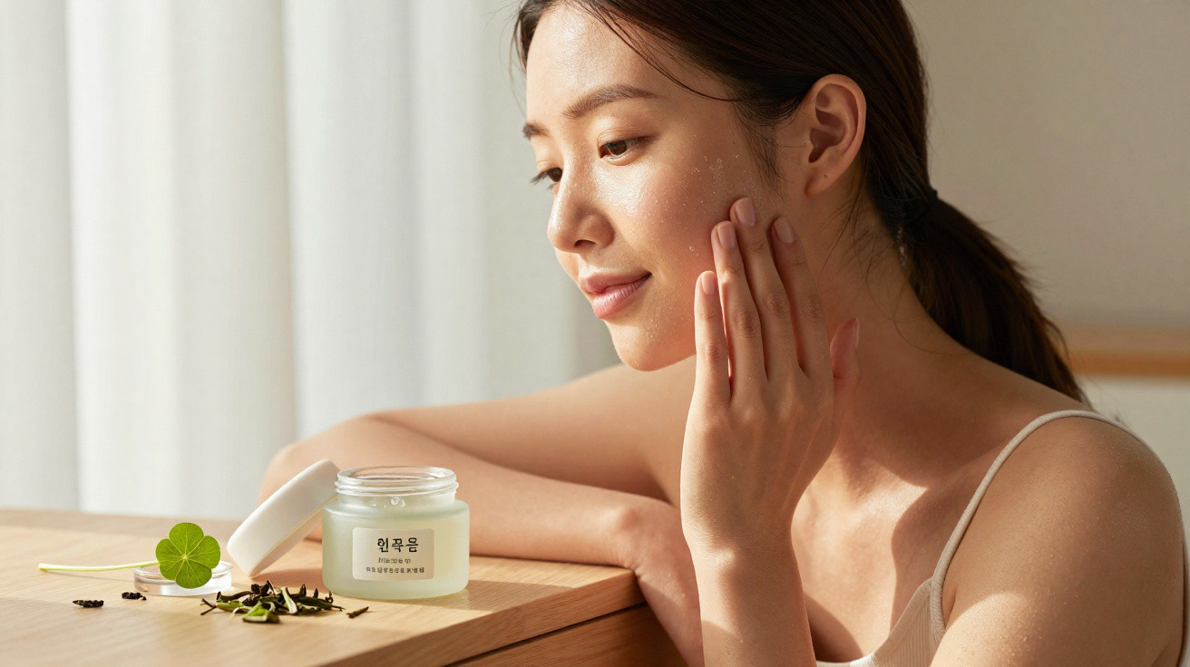 Mulher aplica creme facial num ambiente iluminado com frasco de creme e folhas numa mesa de madeira.