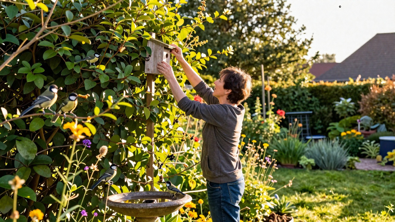 Homem ajusta casa de aves pendurada numa sebe exuberante num jardim florido ao pôr do sol.