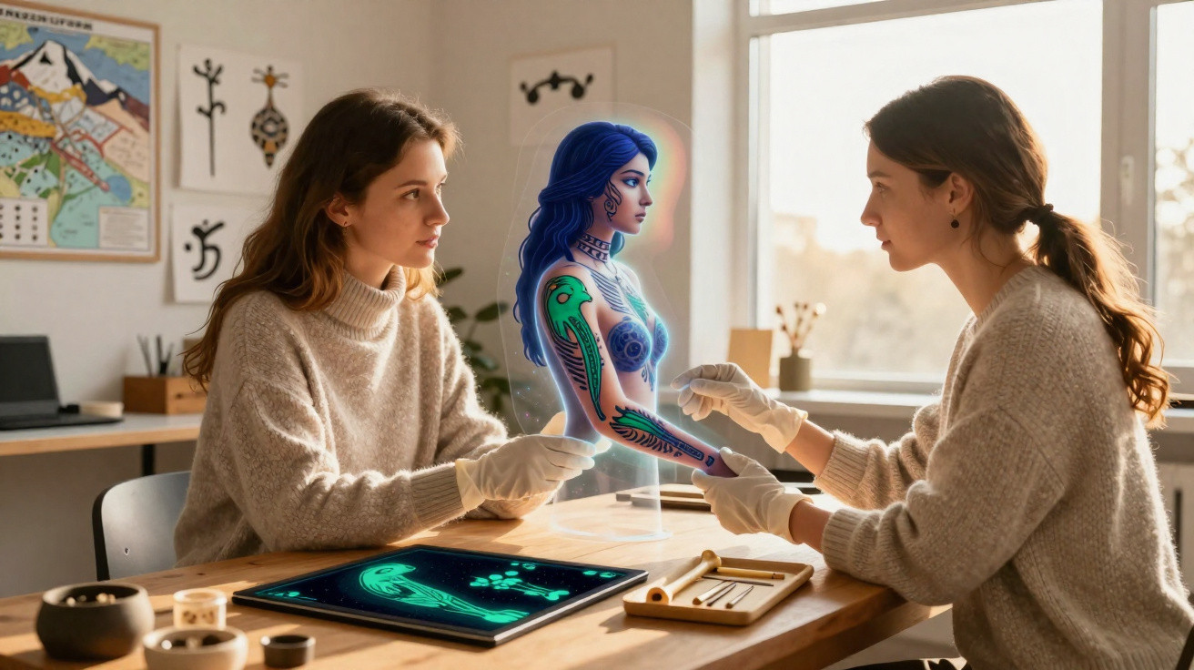 Duas mulheres analisam um holograma detalhado de uma figura feminina com tatuagens, num ambiente iluminado e moderno.