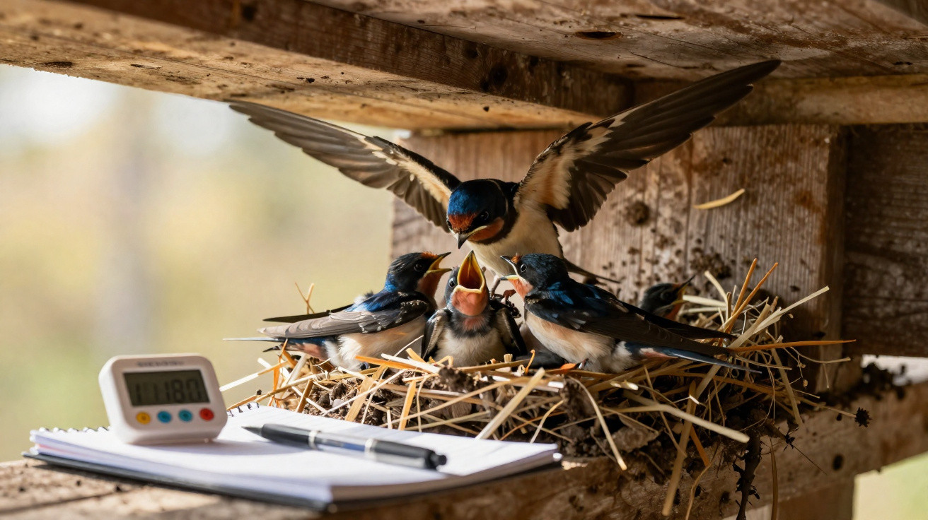 Ninho com cinco andorinhas, quatro filhotes e um adulto a alimentar, numa estrutura de madeira com bloco de notas e cronómetr