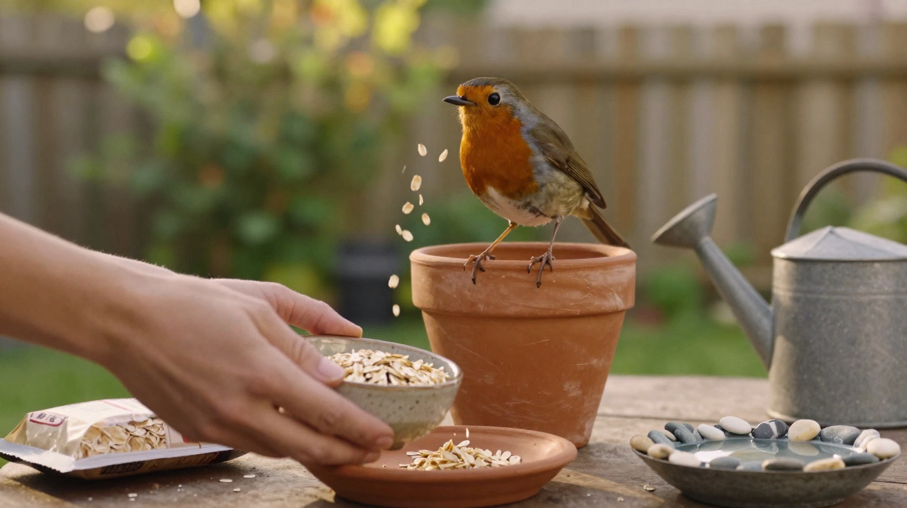 Pássaro com peito laranja pousado num vaso de barro enquanto sementes são lançadas por uma mão próxima.