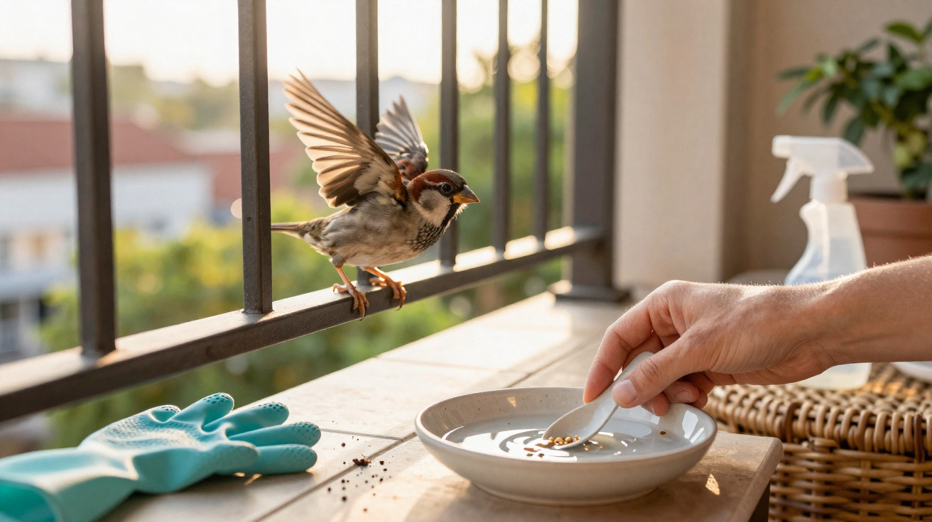 Pássaro prestes a pousar enquanto mão humana coloca comida num prato numa varanda iluminada pelo sol.