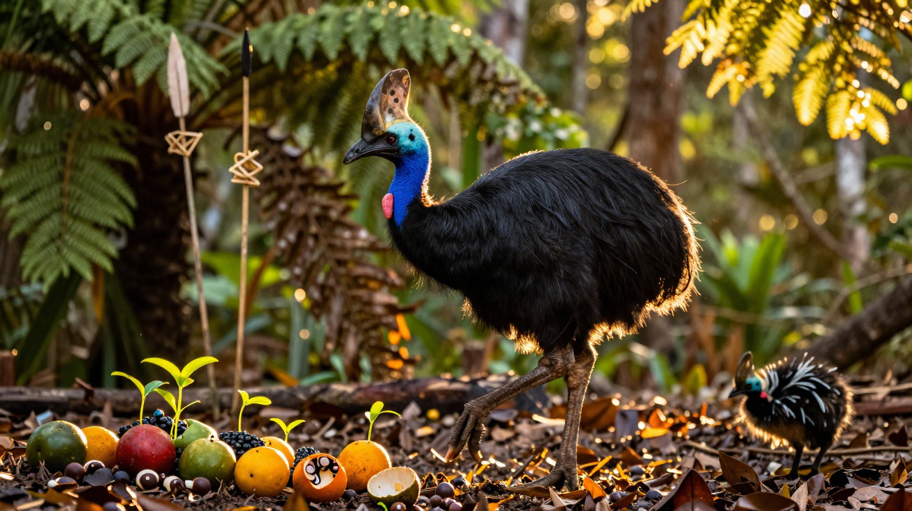 Casuar de crista na floresta perto de frutas coloridas no chão com pássaro mais pequeno ao fundo.