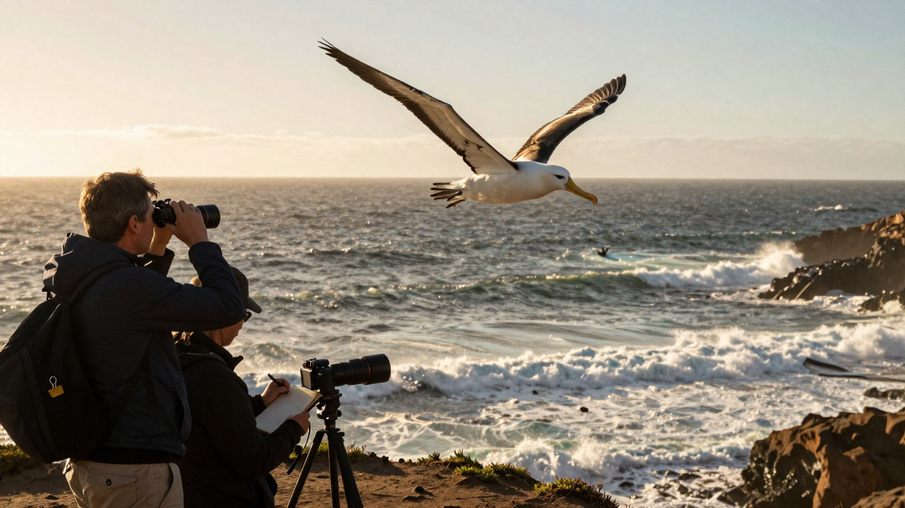 Duas pessoas observam e fotografam um albatroz a voar junto ao mar agitado numa falésia rochosa ao pôr do sol.