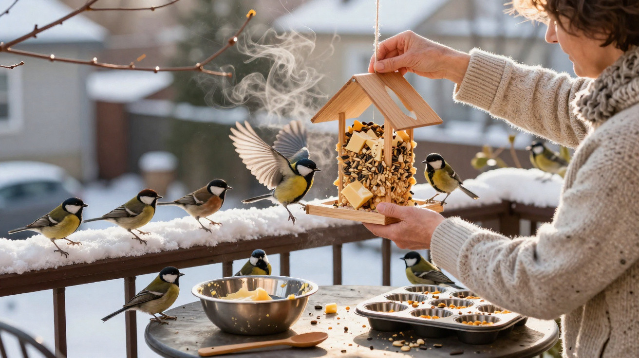 Pessoa a alimentar pássaros com casa com sementes numa varanda coberta de neve num dia frio de inverno.