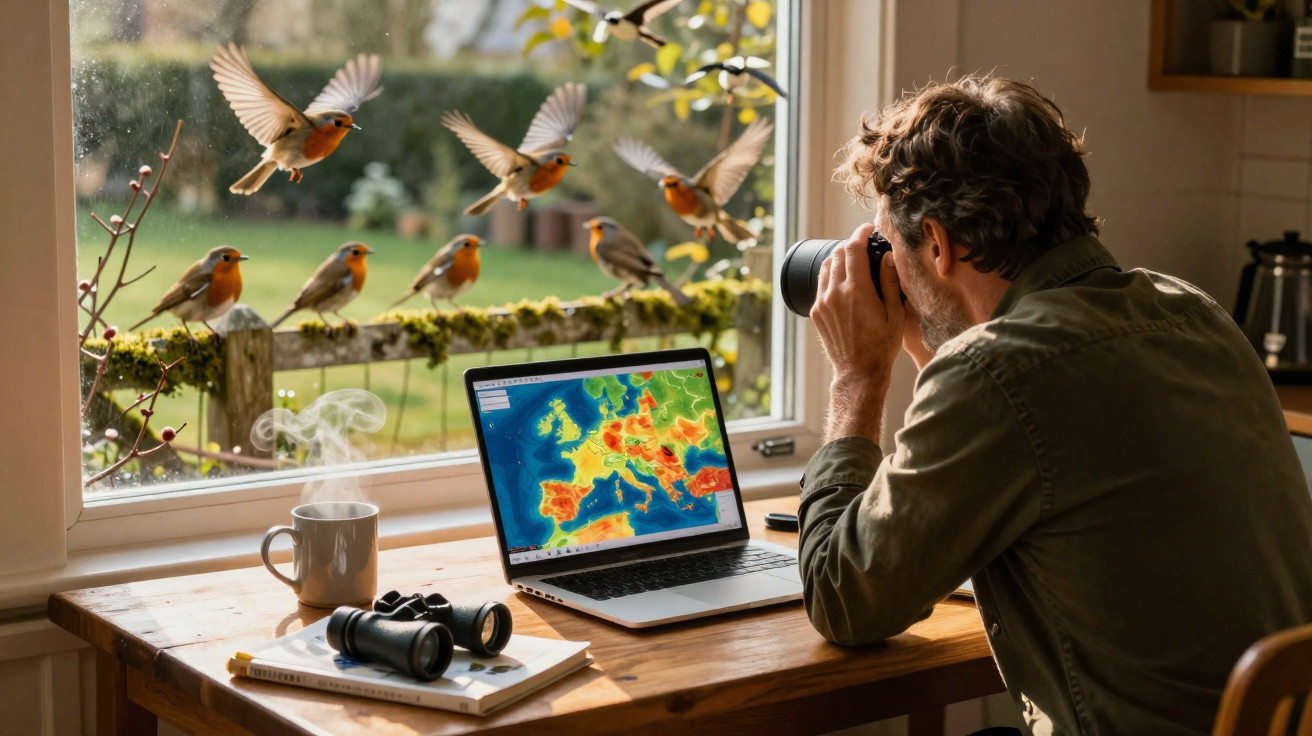Homem observa pássaros com binóculos junto a janela enquanto vê mapa climático da Europa no portátil.