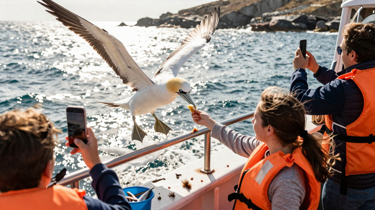 Pessoa a alimentar um albatroz voador a partir de um barco, enquanto outras tiram fotos no mar.