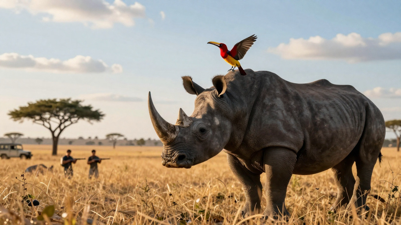 Rinoceronte africano com um pássaro colorido pousado nas costas numa savana dourada ao entardecer.