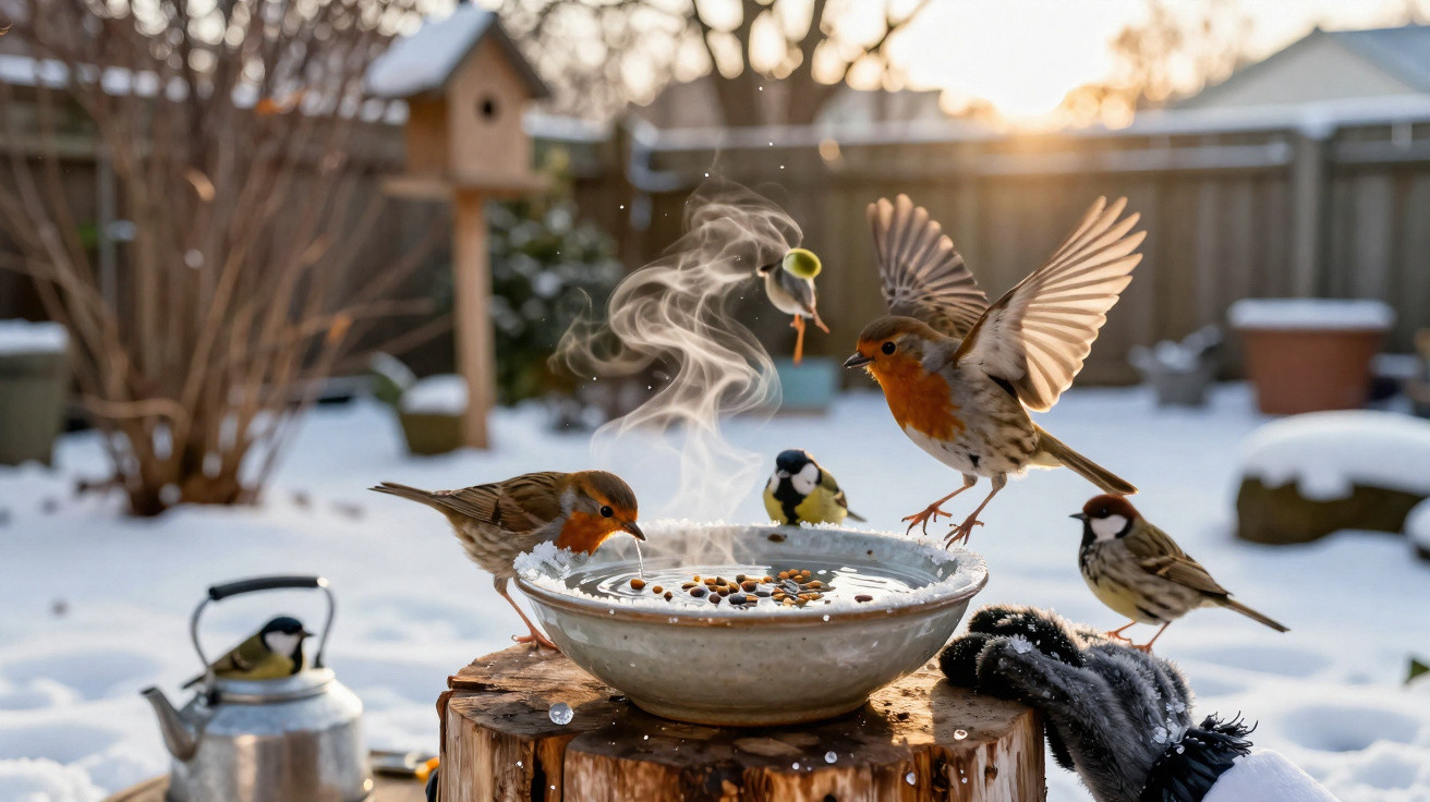 Pássaros a comer sementes numa tigela com vapor, em ambiente nevado num jardim doméstico.