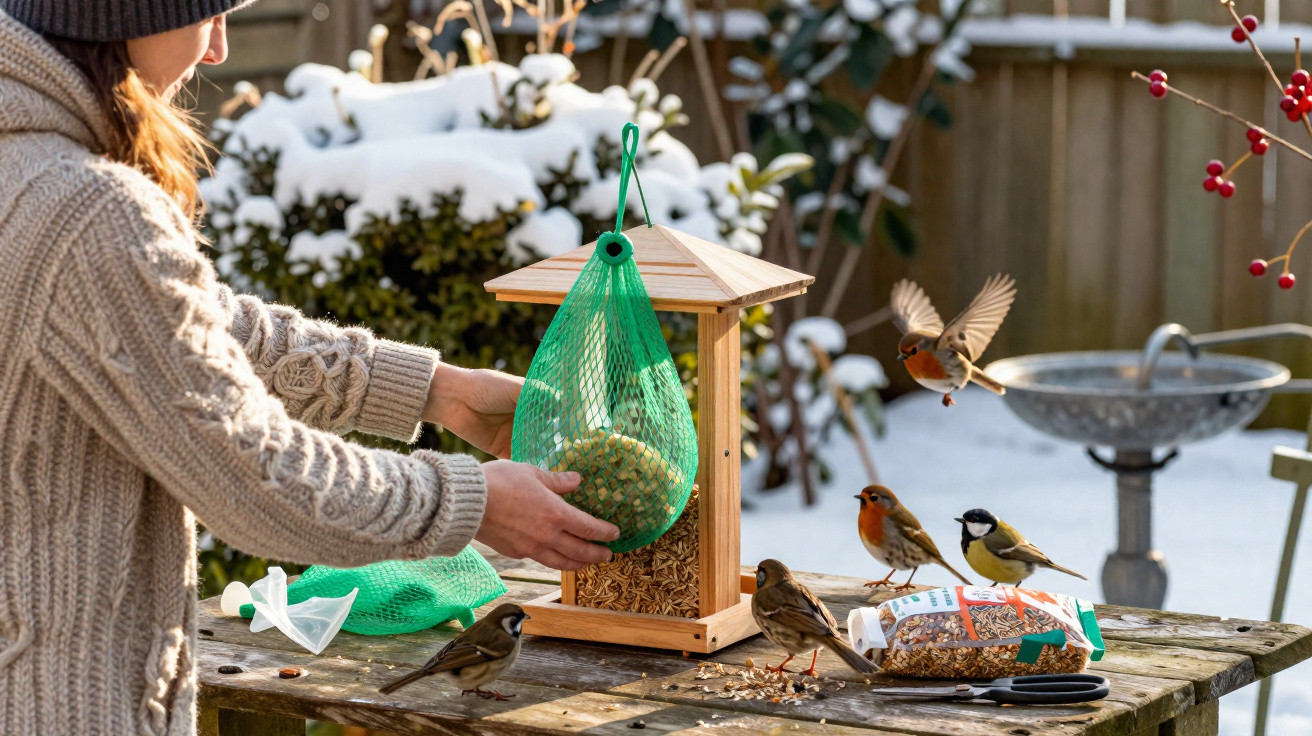 Pessoa a colocar alimento para aves em alimentador de madeira numa mesa rústica ao ar livre, com neve no jardim.