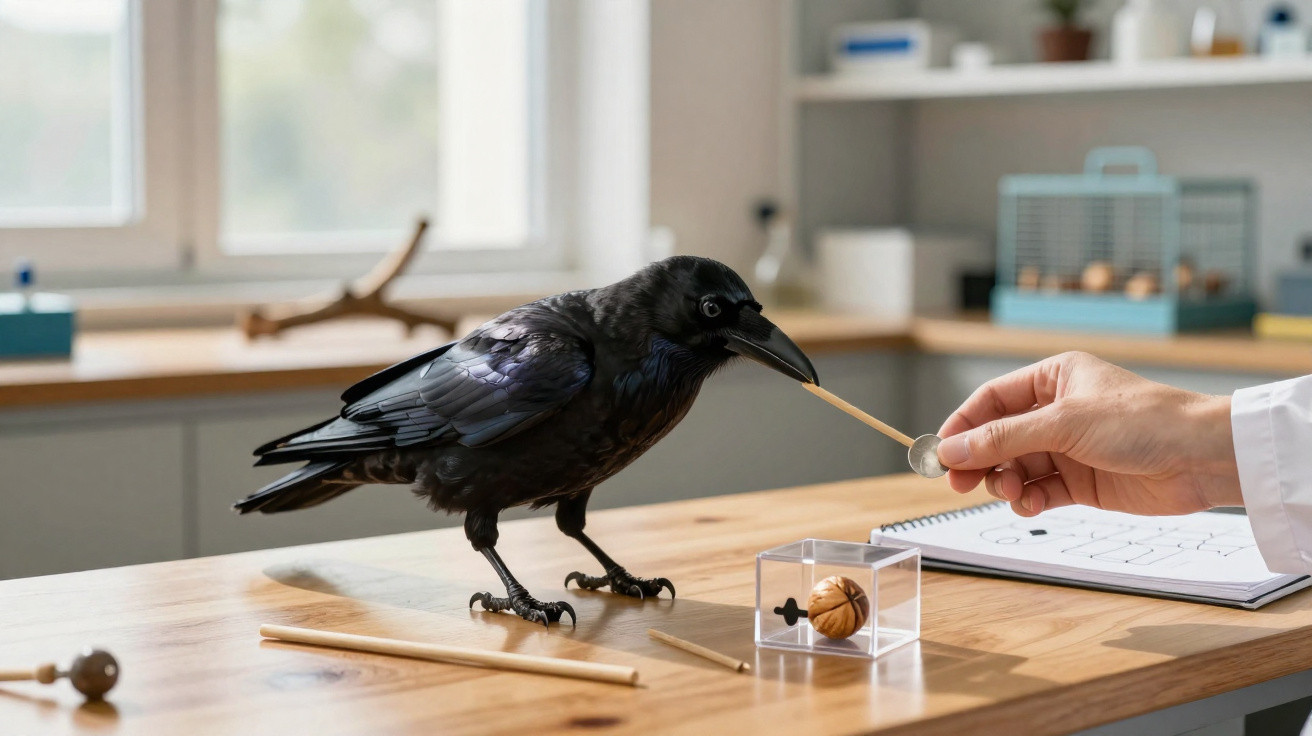 Corvo no laboratório investigando uma moeda oferecida por uma mão humana com um pauzinho.