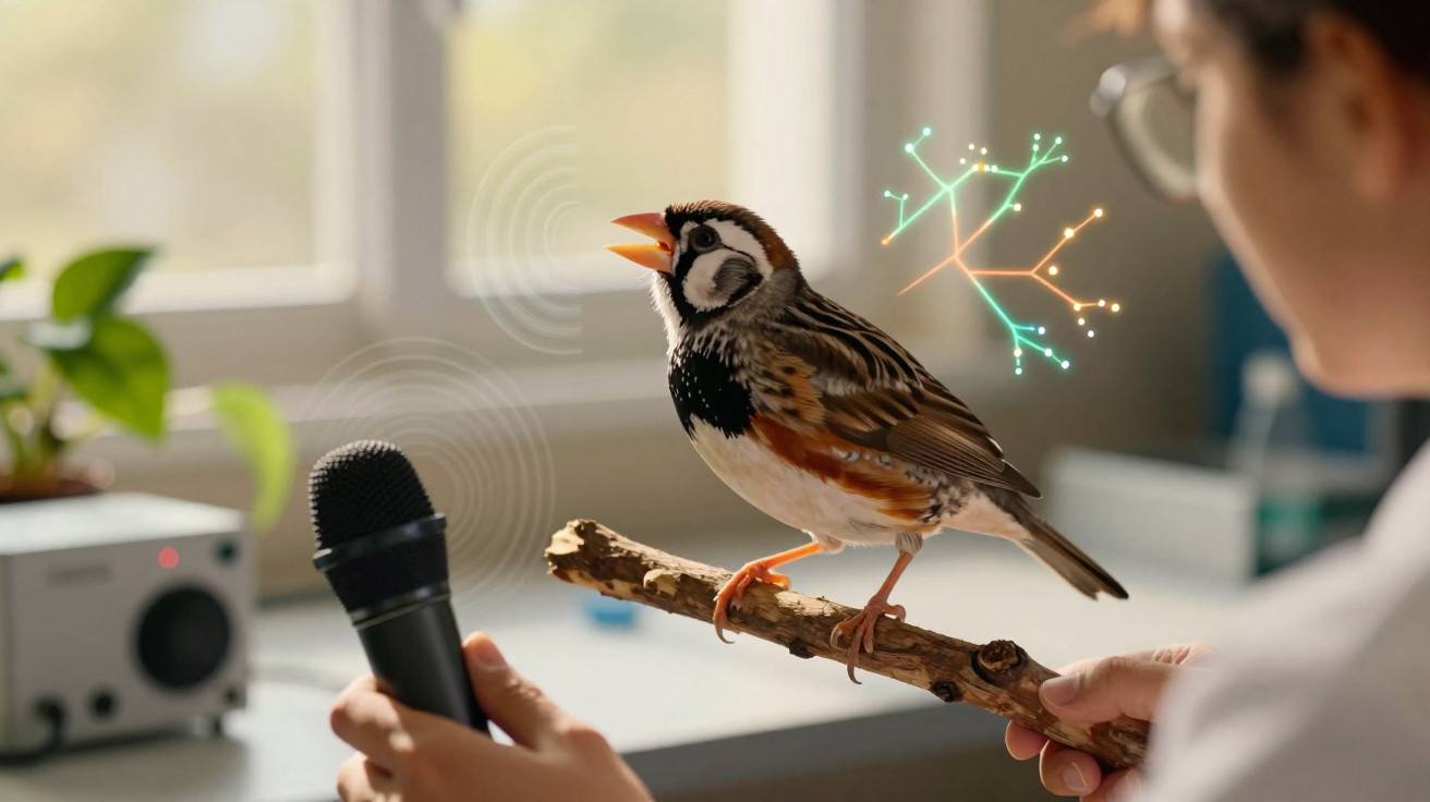 Pássaro numa vara a cantar para um microfone, com sinais digitais a ilustrar a transmissão de som.