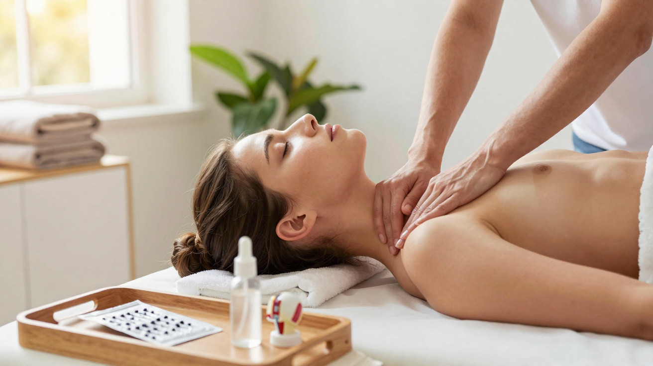 Mulher a receber massagem na zona do pescoço e ombros numa clínica de estética relaxante.