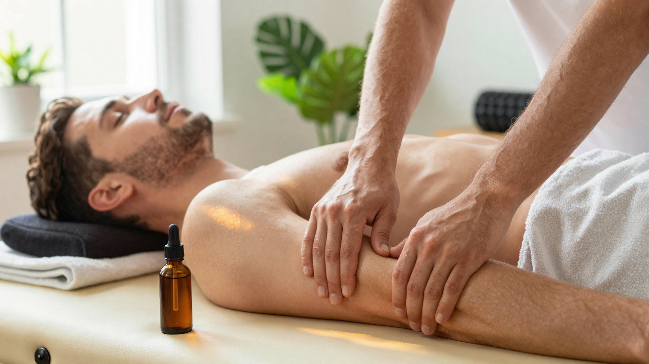 Homem a receber massagem no braço enquanto está deitado numa cama de massagem com toalha branca.