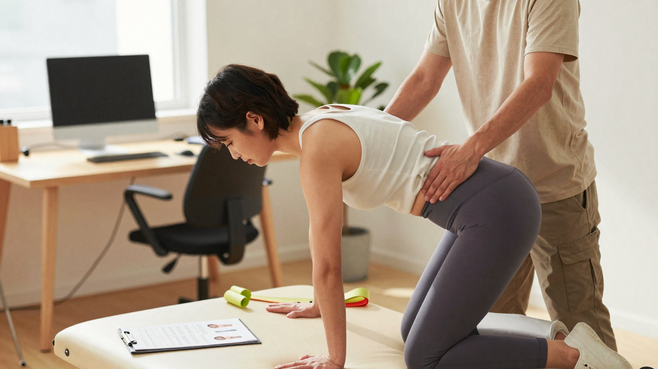Mulher a fazer exercício físico com orientação de treinador num ambiente interior junto a secretária.