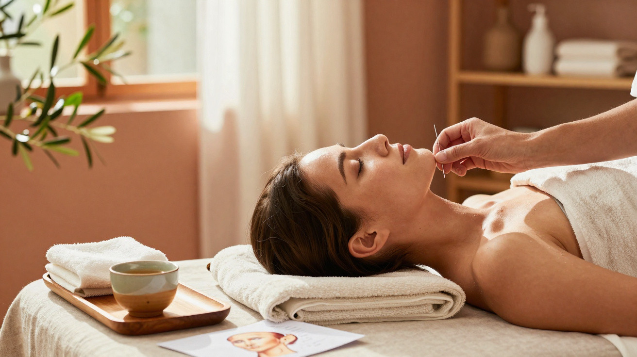 Mulher deitada a receber tratamento de acupuntura facial num ambiente relaxante e luminoso.