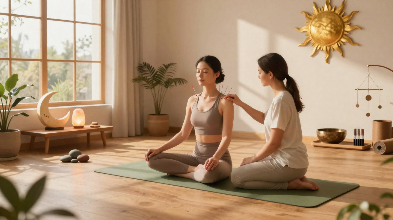 Mulher a fazer acupuntura sentada de pernas cruzadas numa sala iluminada com decoração zen.