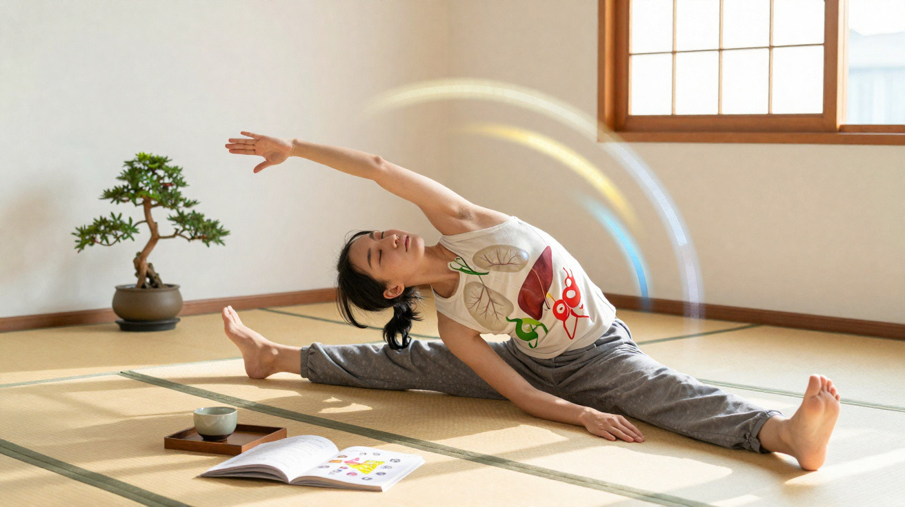 Mulher jovem a fazer alongamento sentado no chão de tatami com planta e livro próximos.