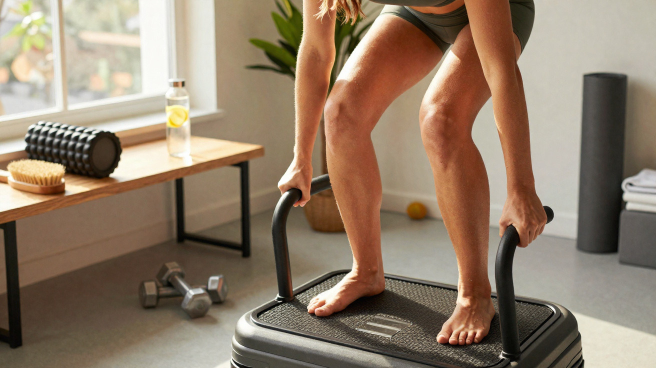 Pessoa a fazer exercício com step e barras de apoio numa sala com pesos e garrafa de água.