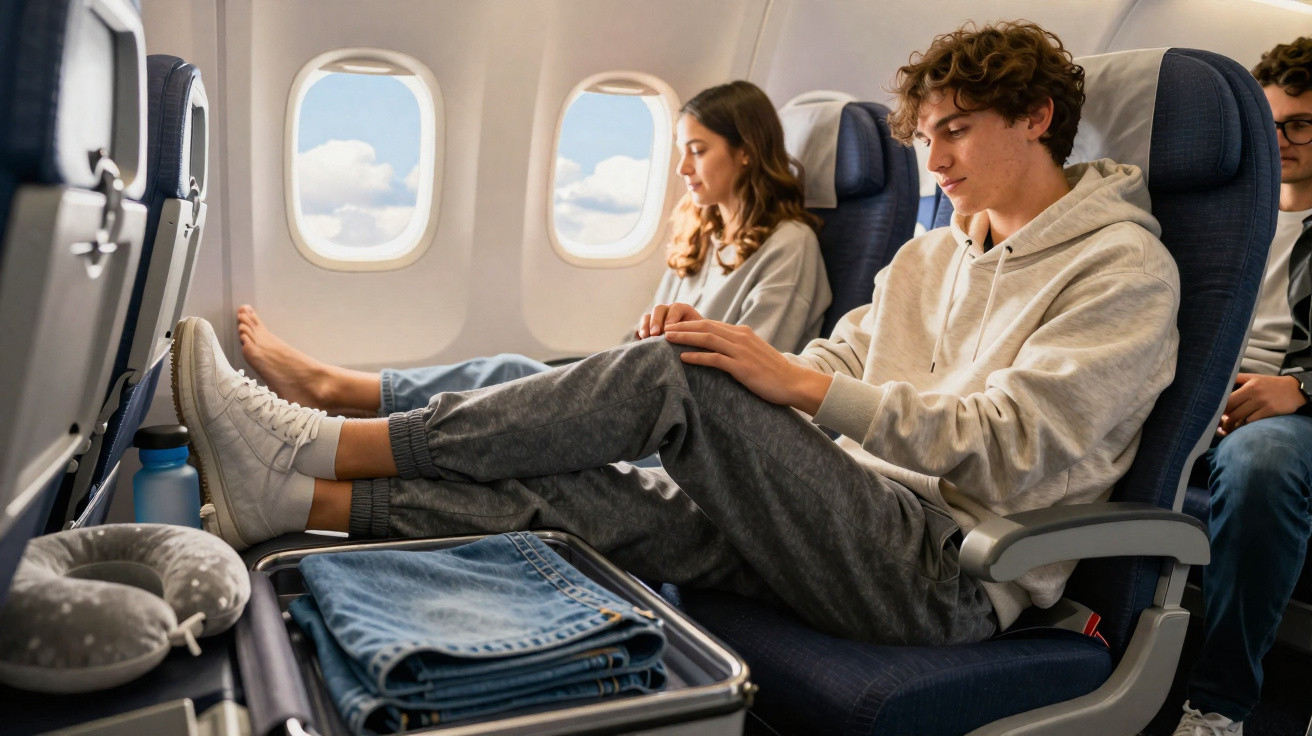 Jovem sentado no avião com os pés esticados, mala aberta na frente e janela com céu nublado ao fundo.