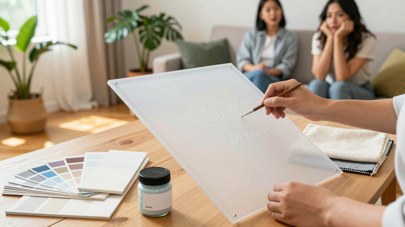 Pessoa a apontar para painel transparente com paleta de cores numa mesa, duas mulheres observam ao fundo.