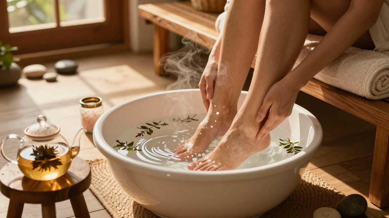 Pessoa a mergulhar os pés numa bacia com água quente e plantas aromáticas, num ambiente relaxante.