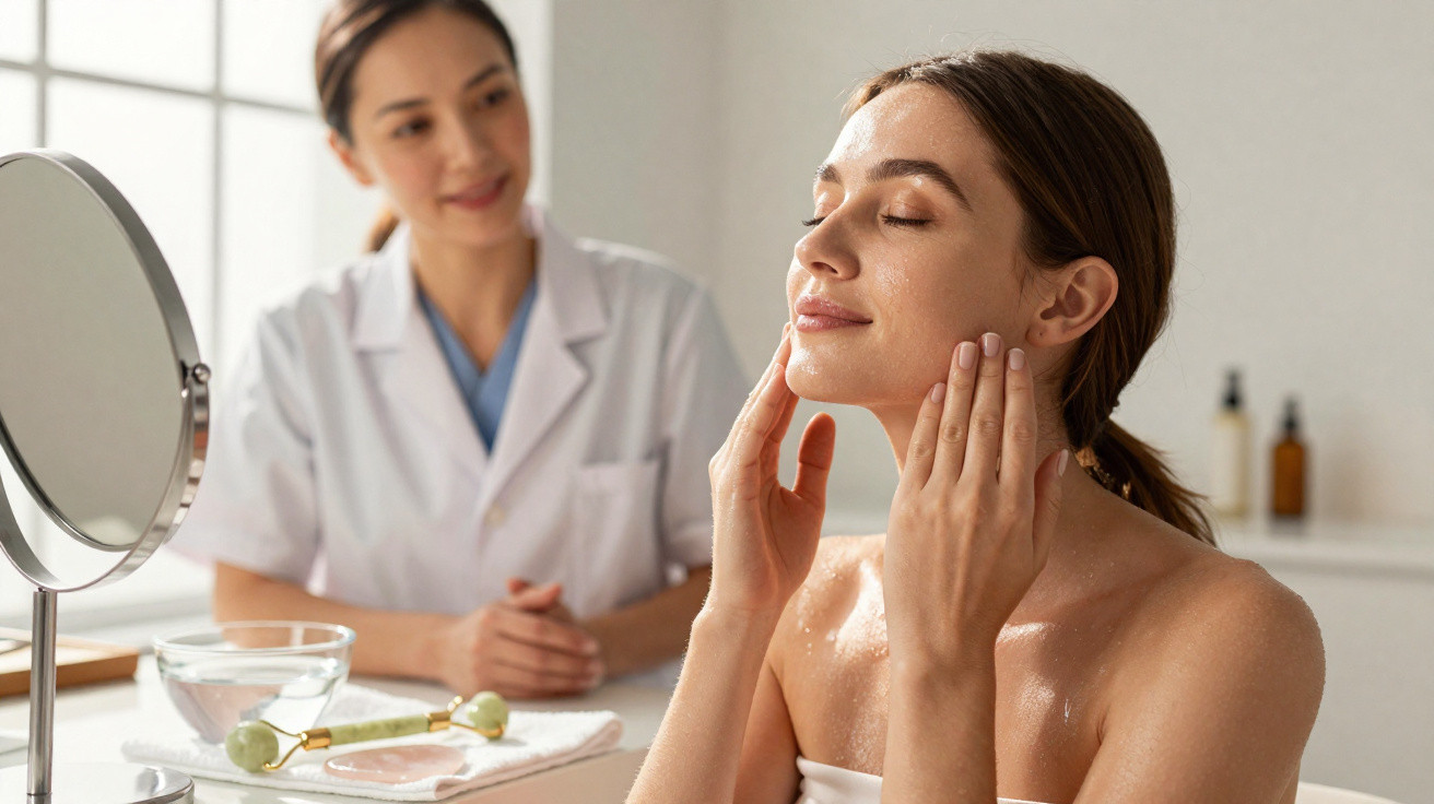 Mulher a aplicar creme no rosto com profissional de saúde a observá-la num ambiente de cuidados de pele.