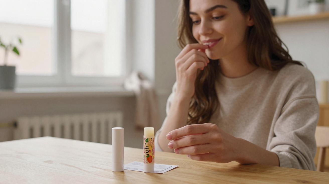 Jovem a sorrir enquanto aplica protector labial num ambiente luminoso e acolhedor.