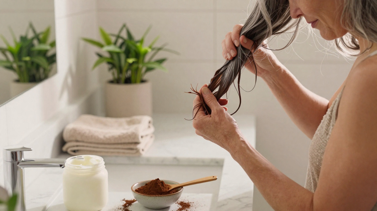 Mulher aplica máscara caseira de café nos cabelos num banheiro moderno com plantas e toalhas.
