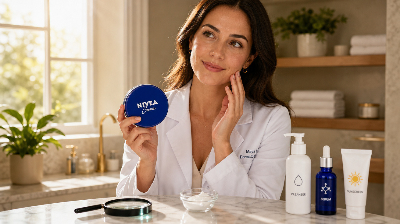 Mulher com bata branca aplica creme Nivea no rosto numa bancada com vários produtos de cuidados de pele.