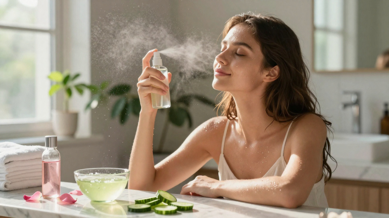 Mulher jovem borrifando spray facial numa casa de banho com toalhas e pepino à frente.