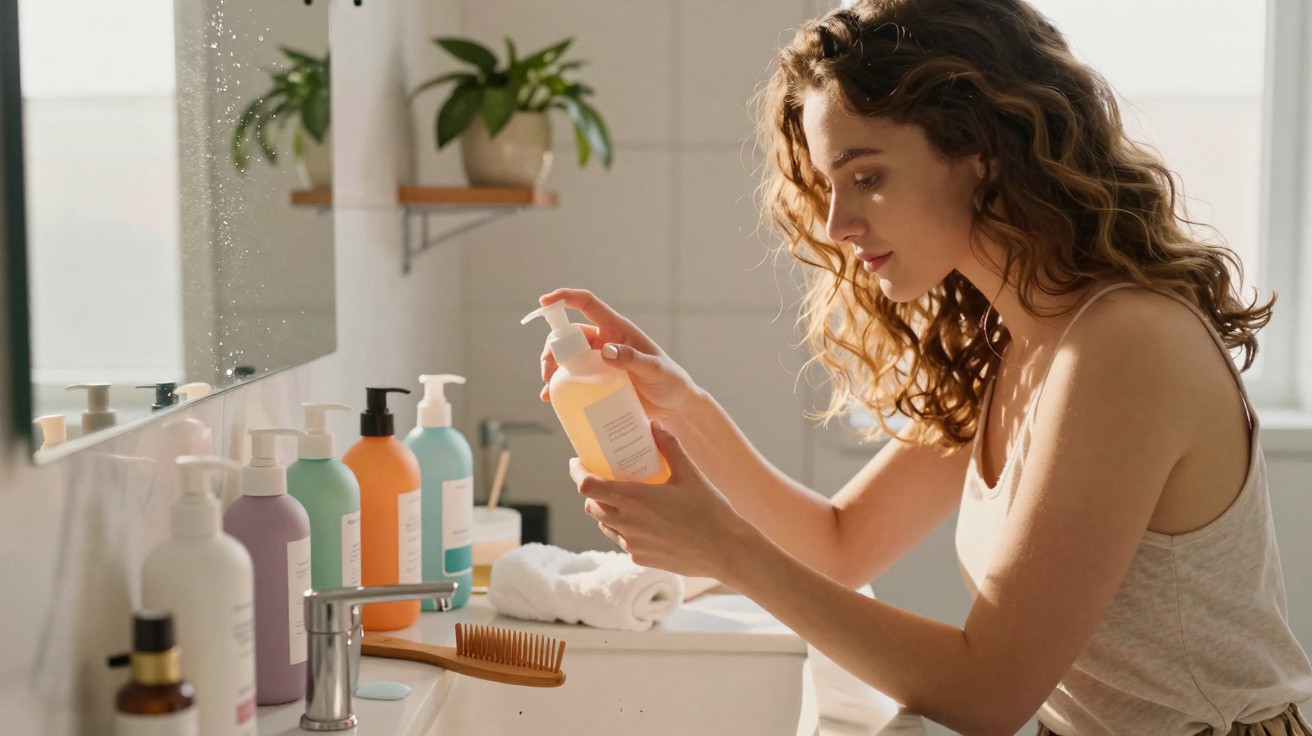 Mulher em casa, a olhar a embalagem de um frasco de dispensador no banheiro iluminado naturalmente.