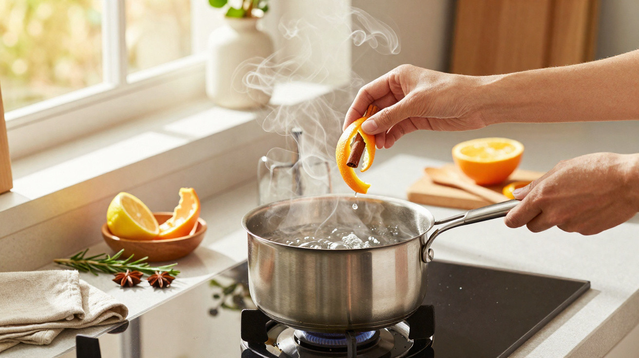 Mãos a colocar casca de laranja e pau de canela numa panela a ferver numa cozinha iluminada.