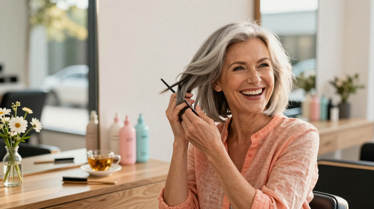 Mulher sorridente com cabelo grisalho a cortar o cabelo num cabeleireiro moderno.