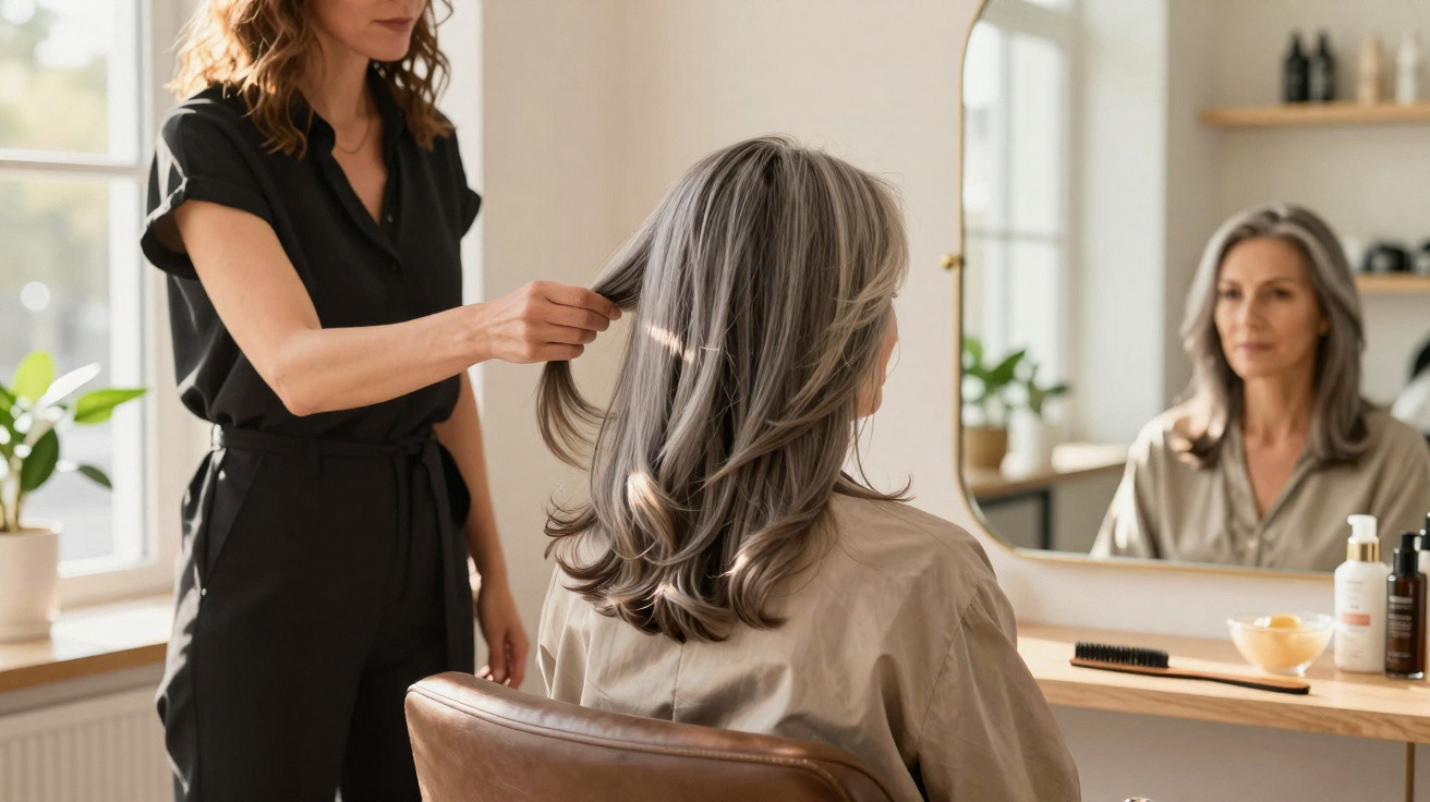 Cabeleireira a pentear cabelo cinzento de mulher sentada frente a espelho num salão de beleza moderno.