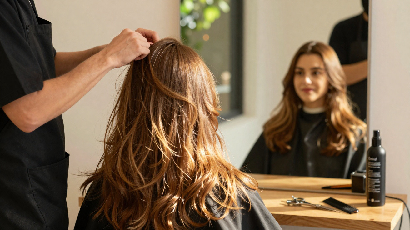 Cabeleireiro a arranjar o cabelo castanho comprido de uma cliente sentada à frente de um espelho.