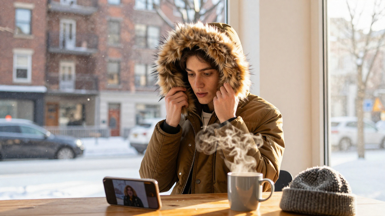 Jovem com casaco de inverno com capuz de pêlo, a olhar para telemóvel numa mesa com chá a fumegar e gorro.