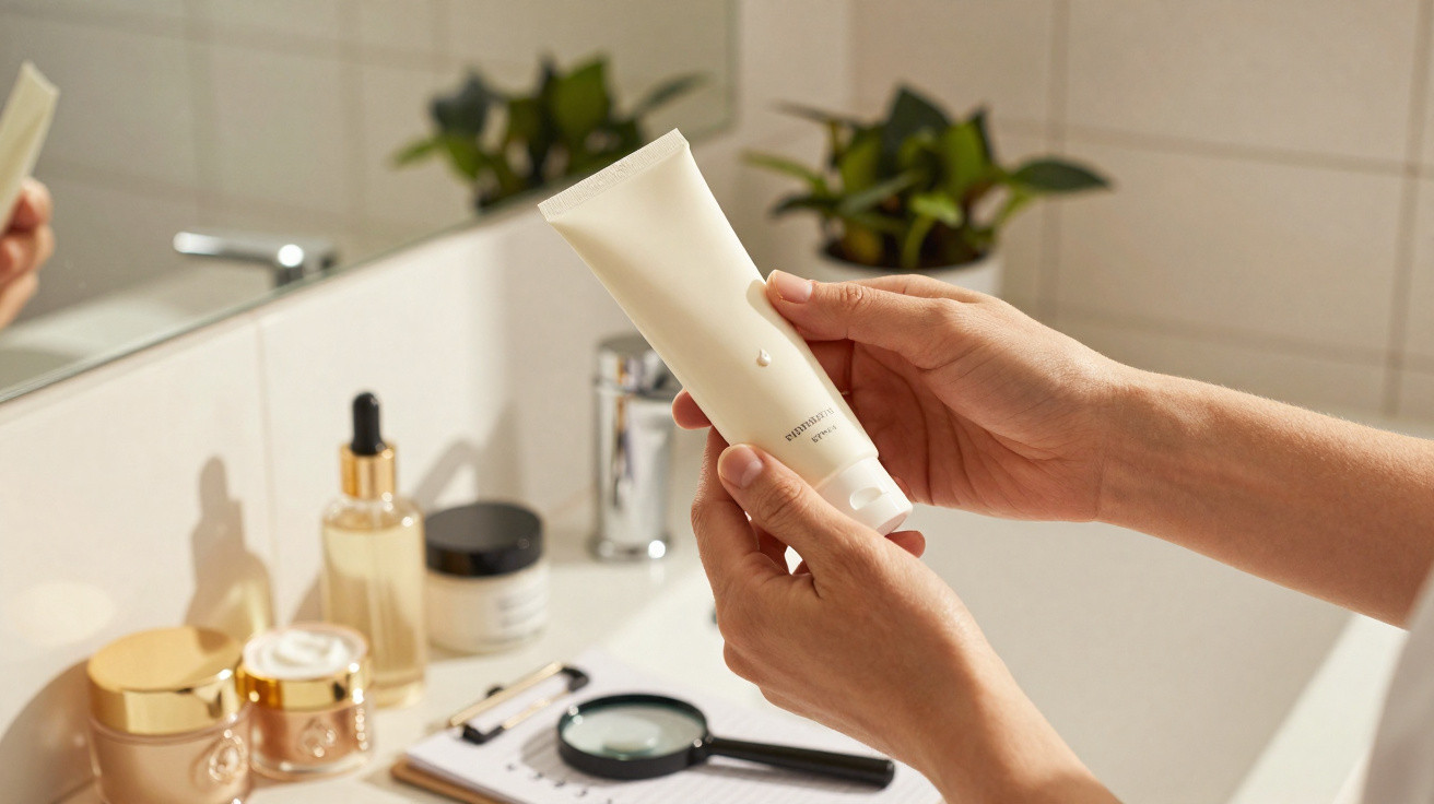 Mãos seguram tubo branco de creme num lavatório com produtos de beleza e planta ao fundo.