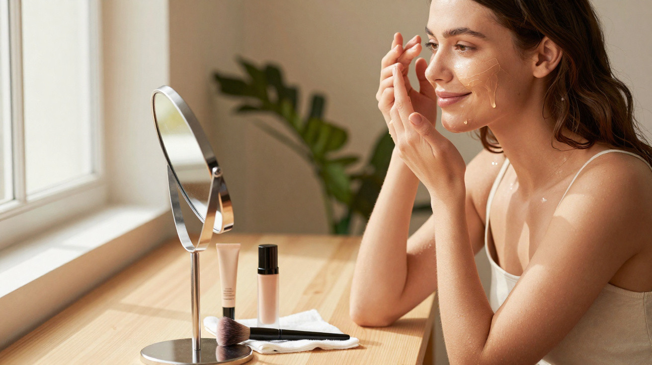 Mulher a aplicar creme no rosto sentada junto a mesa com produtos de maquilhagem e espelho.