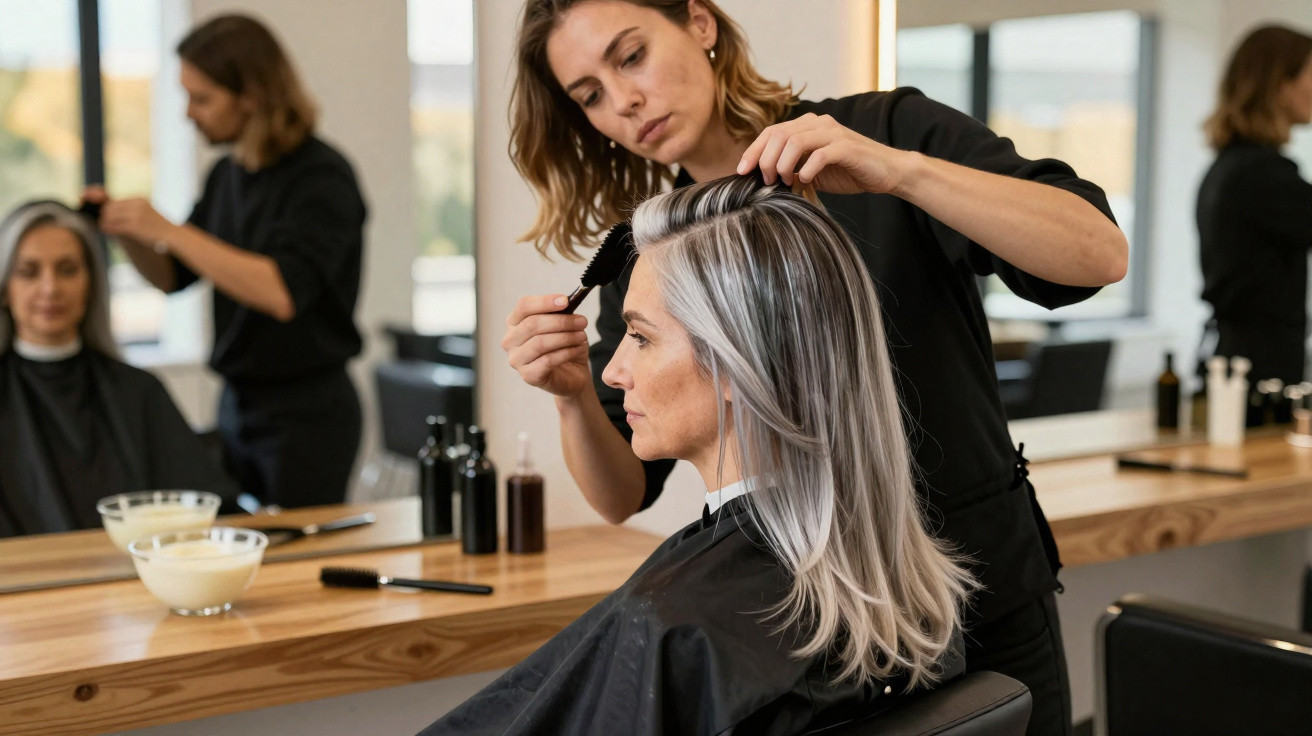 Cabeleireira a pentear o cabelo grisalho de uma cliente num salão de beleza moderno.