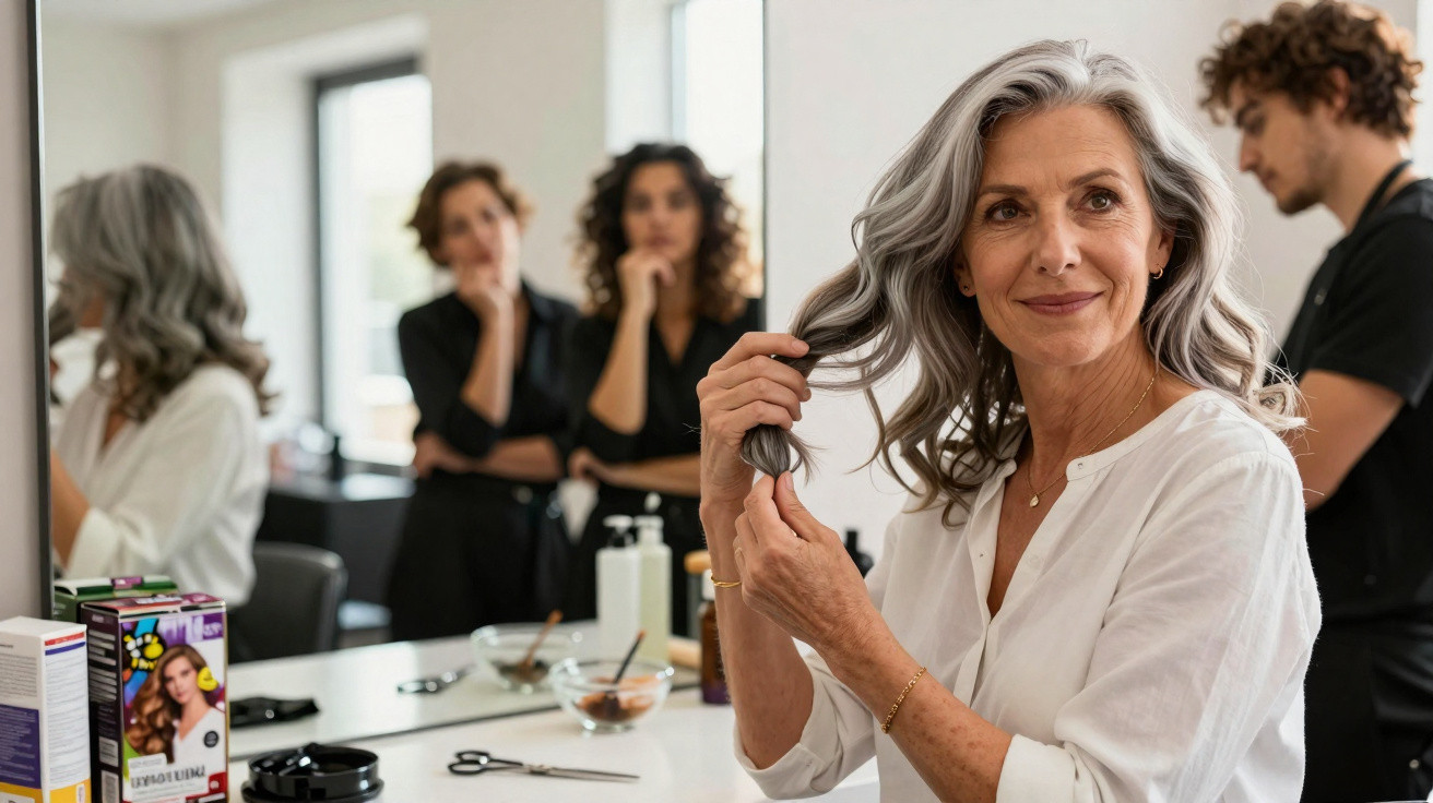 Mulher madura a olhar para o espelho enquanto segura o cabelo num salão de cabeleireiro com pessoas ao fundo.