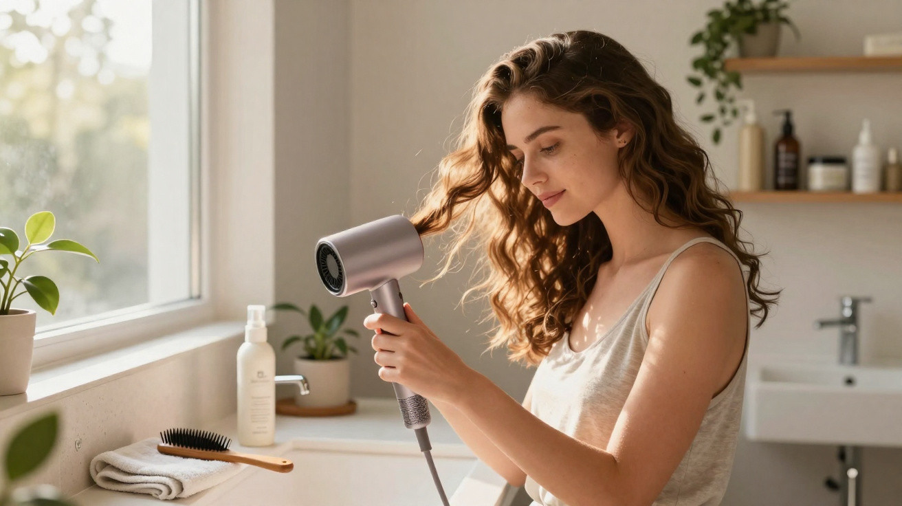 Mulher a secar o cabelo com um secador num casa de banho iluminada por luz natural.