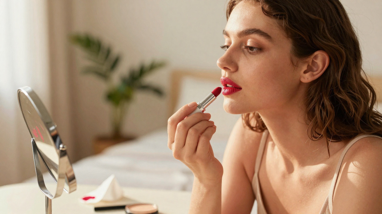 Mulher jovem a aplicar baton vermelho enquanto se olha ao espelho numa mesa com maquilhagem.