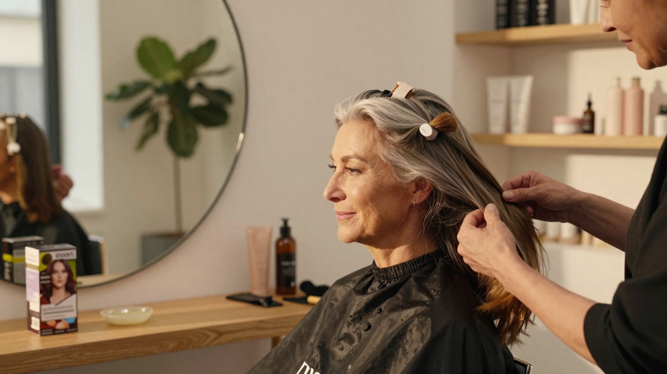 Mulher de cabelos grisalhos a receber tratamento capilar num salão de beleza moderno.