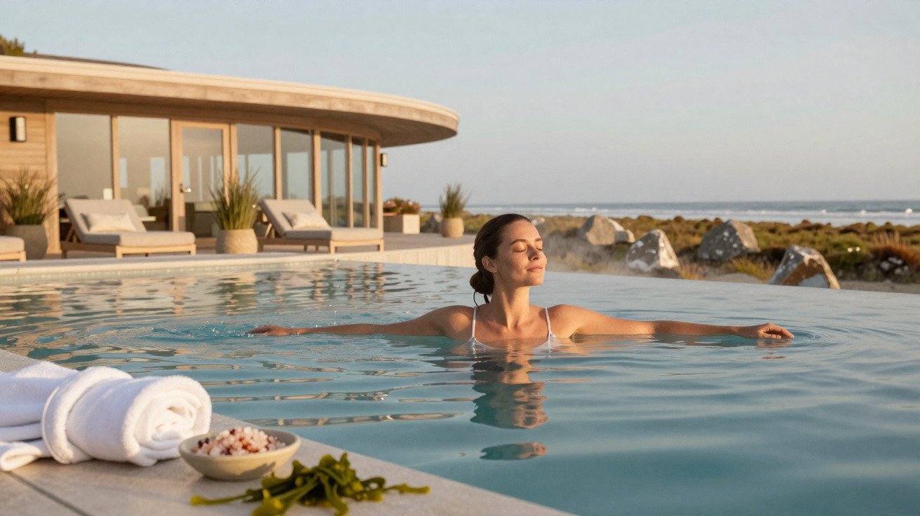 Mulher relaxa na piscina exterior de borda infinita com vista para o mar e paisagem rochosa ao pôr do sol.