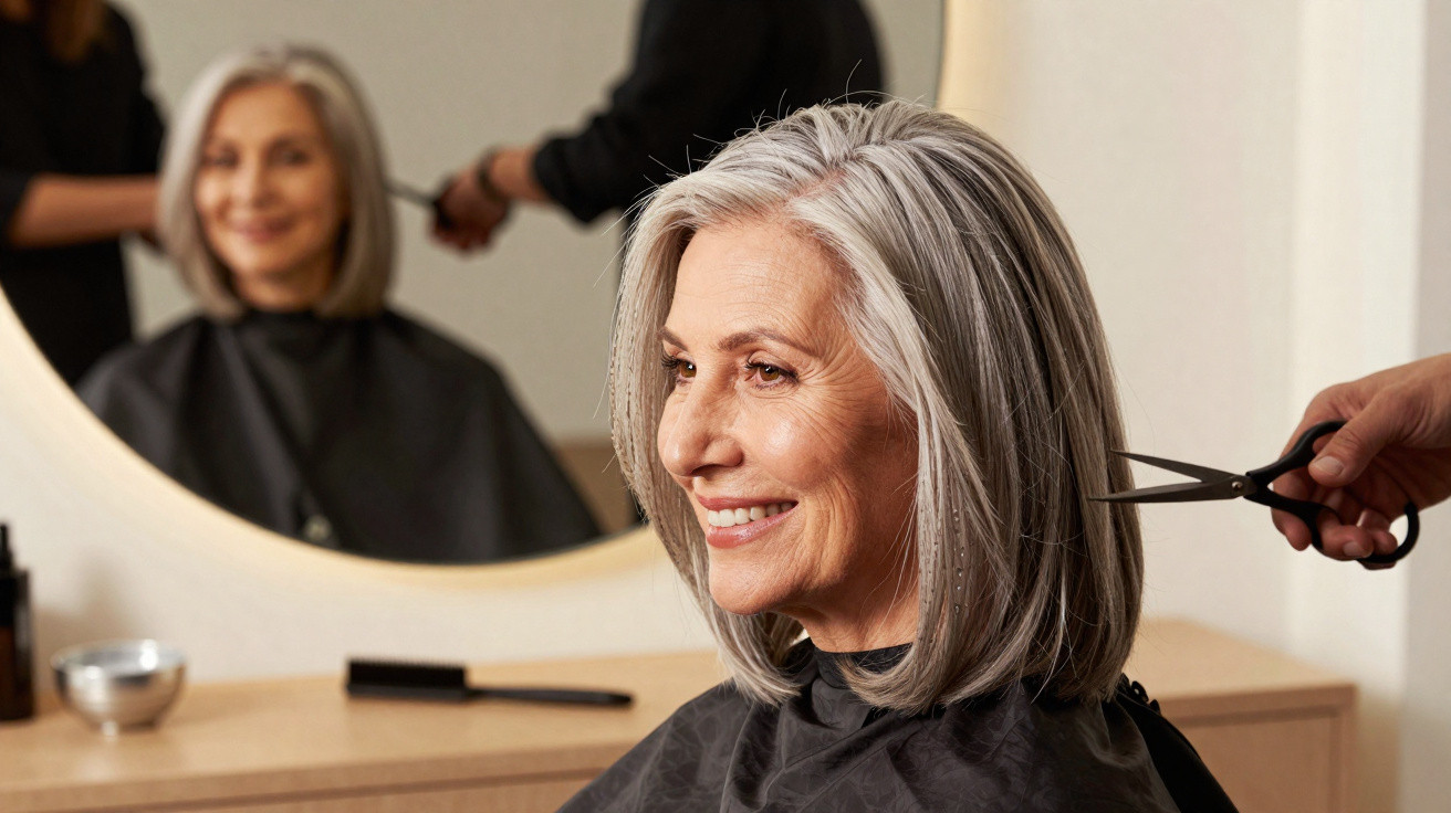 Mulher idosa sorridente a cortar o cabelo num salão com espelho e cabeleireiro ao fundo.