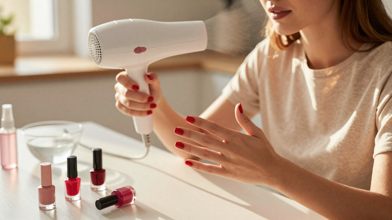 Mulher a secar as unhas recentemente pintadas com verniz vermelho usando um secador de cabelo.