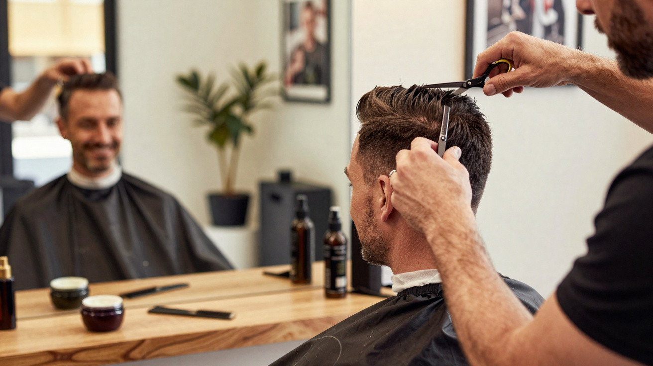 Homem sentado numa cadeira de barbeiro a cortar cabelo com tesoura, reflexo no espelho.