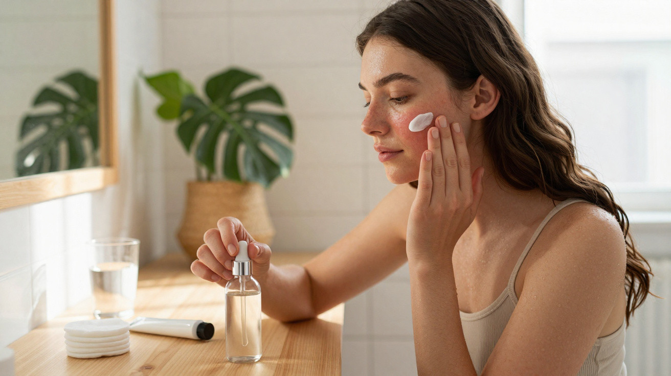 Mulher aplica creme no rosto num ambiente luminoso com plantas e produtos de beleza numa mesa de madeira.