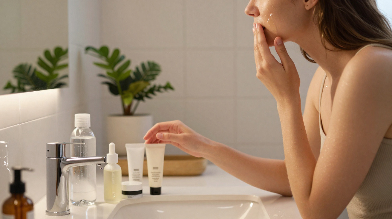 Mulher a cuidar da pele aplicando creme no rosto junto a um lavatório com produtos de skincare.